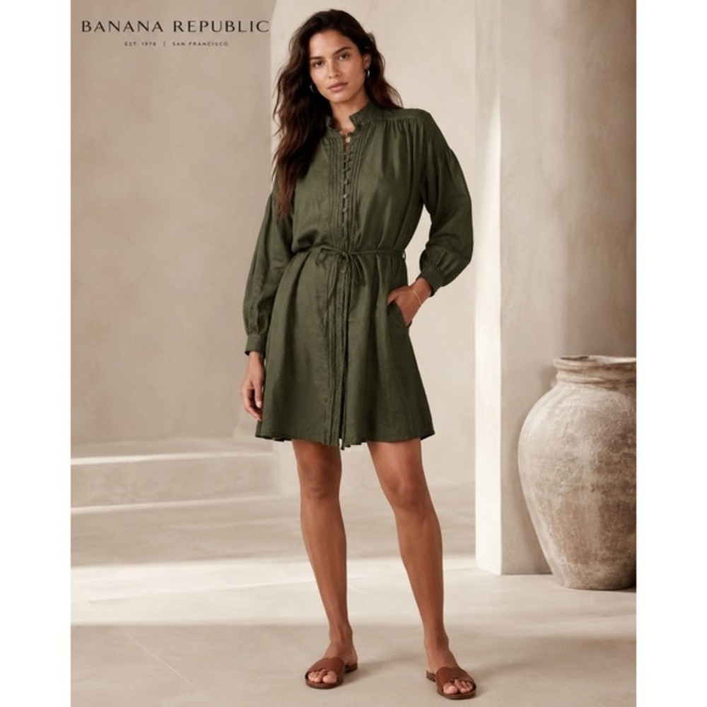 Banana Republic‎ 100% Linen Olive Green Shirt Dress Size Medium Boho Utility